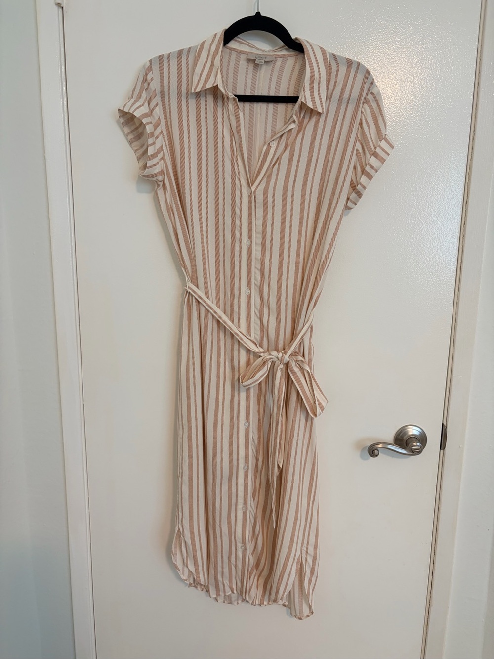 LOFT outlet Cream and Tan Striped Button-Front Midi Dress